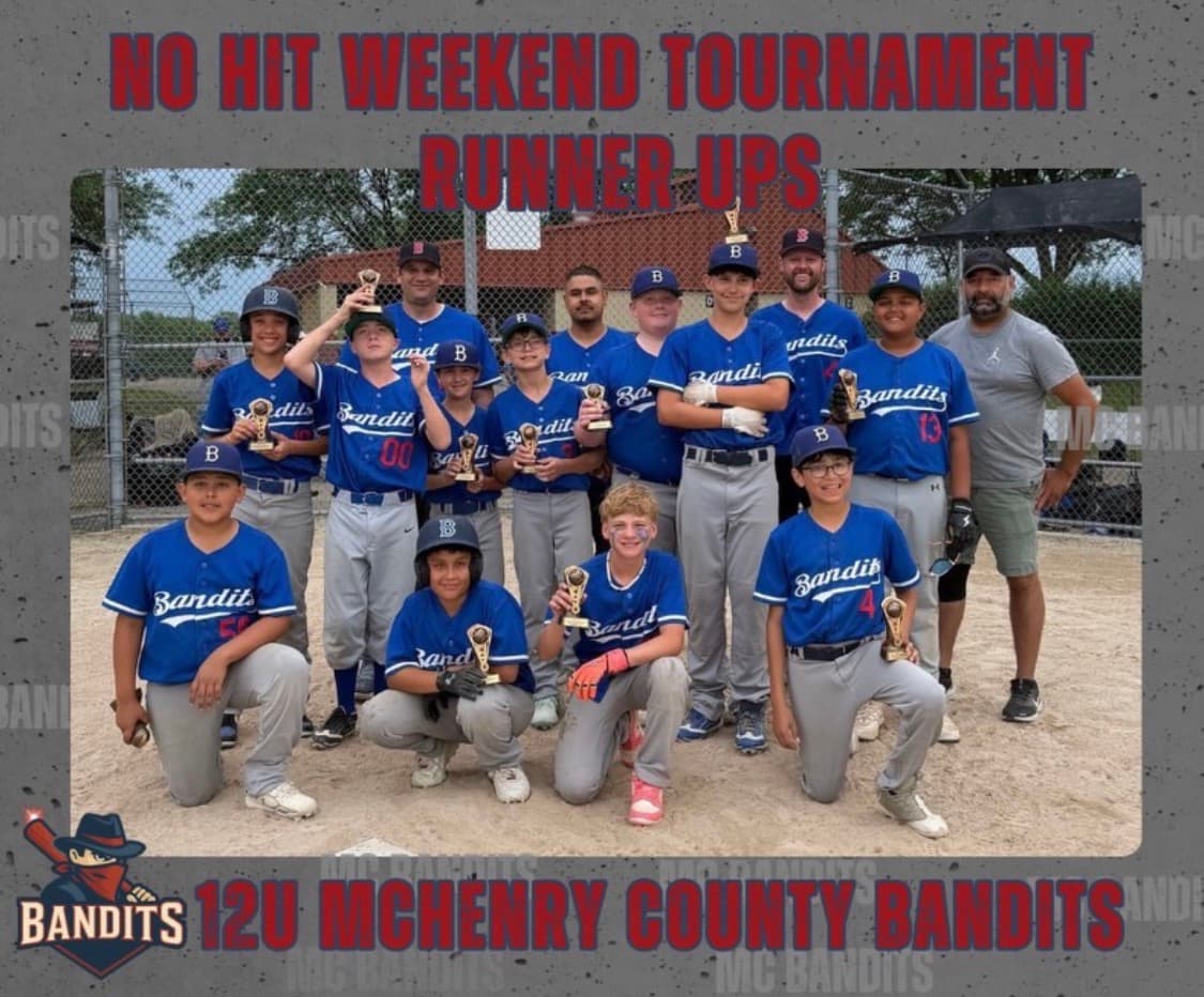 12U Bandits — Tournament-tested and Cooperstown-bound this season — No Hit Weekend Tournament Runner-Ups, with royal-blue script across the chest and a chip on the shoulder.